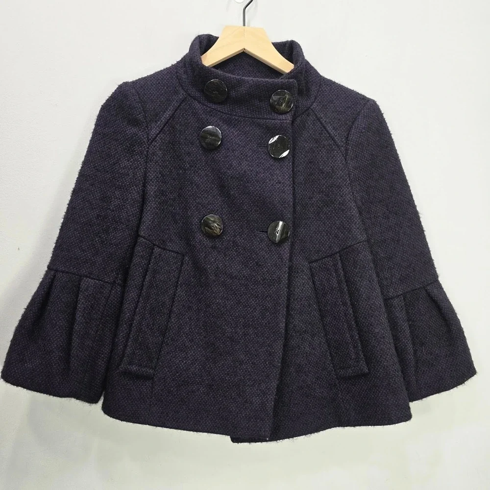 Zara Tweed Double Breasted Swing Peacoat S Purple Black Wool Alpaca Blend Office